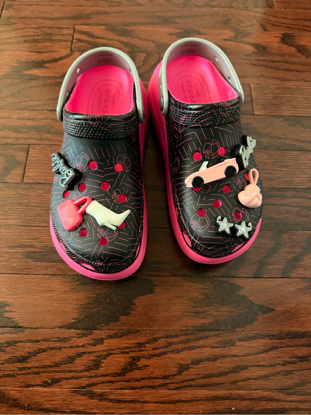 Barbie CROCS women  Black and Hot Pink Charm-Embellished Clogs